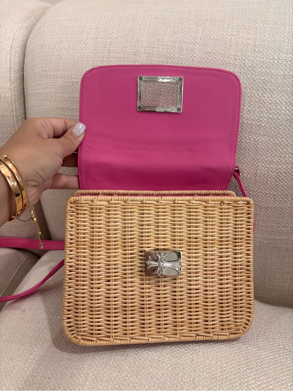 Authentic CHROME HEARTS pink leather woven wicker mini basket 2way bag - Picture 3 of 15